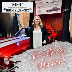 Female Mustang Winner for Denim and Diamonds standing next to her new car
