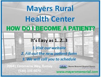 Mayers Rural Health Center ad for becoming a patient. visit website, fill out the new patient form and we will call to schedule you