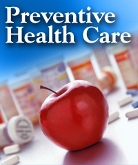 Picture of an apple, prescription bottles, and pills on a table. Preventative Health Care 