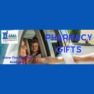 Ad picture of a mother in child in a car, smiling in pharmacy drive thru