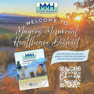 Ad picture on top of a mountain looking down into the valley. Welcome to Mayers Memorial Healthcare District